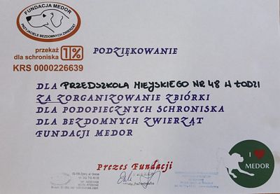 Zdjęcie przedstawia podziękowania od fundacji Medor