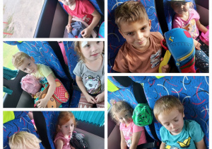 Kolaż zdjęć dzieci podczas powrotu do przedszkola w autokarze