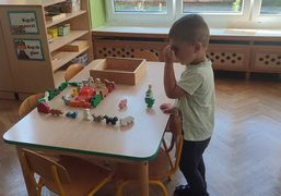 Chłopiec układa drewniane zwierzęta.
