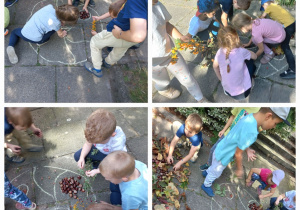 Kolaż zdjęć dzieci tworzących mandale z darów jesieni