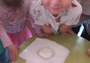 Dzieci oglądają co powstało po dolaniu octu do ciepłego mleka