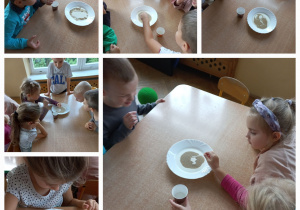 Kolaż zdjęć dzieci wkładających patyczek zamoczony w mydle do plamy pierzu na mleku