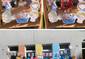 Dzieci pozują do zdjęcia w ramce "Dzień przedszkolaka" oraz z napisem