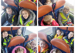Kolaż zdjęć dzieci podczas jazdy autokarem