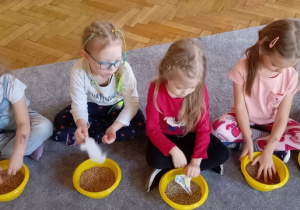 Dzieci szukają w miseczkach z ziarenkami ukrytych emblematów ptaków
