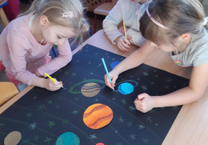 Dziewczynki rysują kredkami szczegóły układu słonecznego
