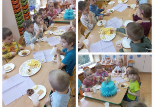 Kolaż zdjęć dzieci siedzących przy urodzinowym stole