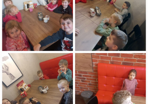 Kolaż zdjęć siedzących dzieci przy stołach i oczekujących na rozpoczęcie warsztatów