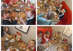 Kolaż zdjęć dzieci jedzących pizze