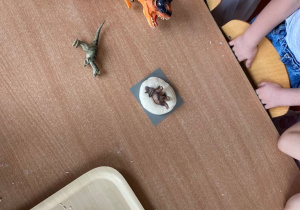 Dzieci oglądają odciskanie plastikowych dinozaurów w masie solnej