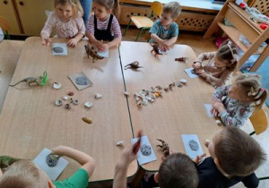 Dzieci wykonują odciski dinozaurów w glince samoutwardzalnej.