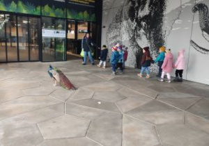 Grupka dzieci stoi przed wejściem do Orientarium i obserwuje przechadzającego się tam pawia