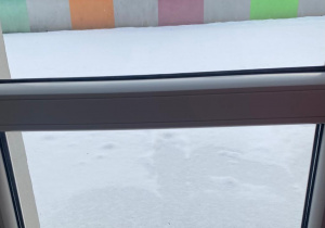 Za oknem widać wystawione kubeczki z zabarwioną wodą