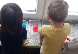 Dzieci przyglądają się jak na parapecie rozpuszczają się po wpływem ciepła kostki lodu