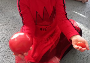 Dziewczynka porównuje wielkość pomidorów