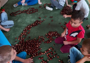 dzieci tworzą na dywanie różne budowle i kształty z wykorzystaniem kasztanów