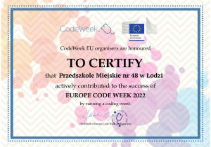 Certyfikat dla pzredszkola za udział w wyzwaniu CodeWeek2022